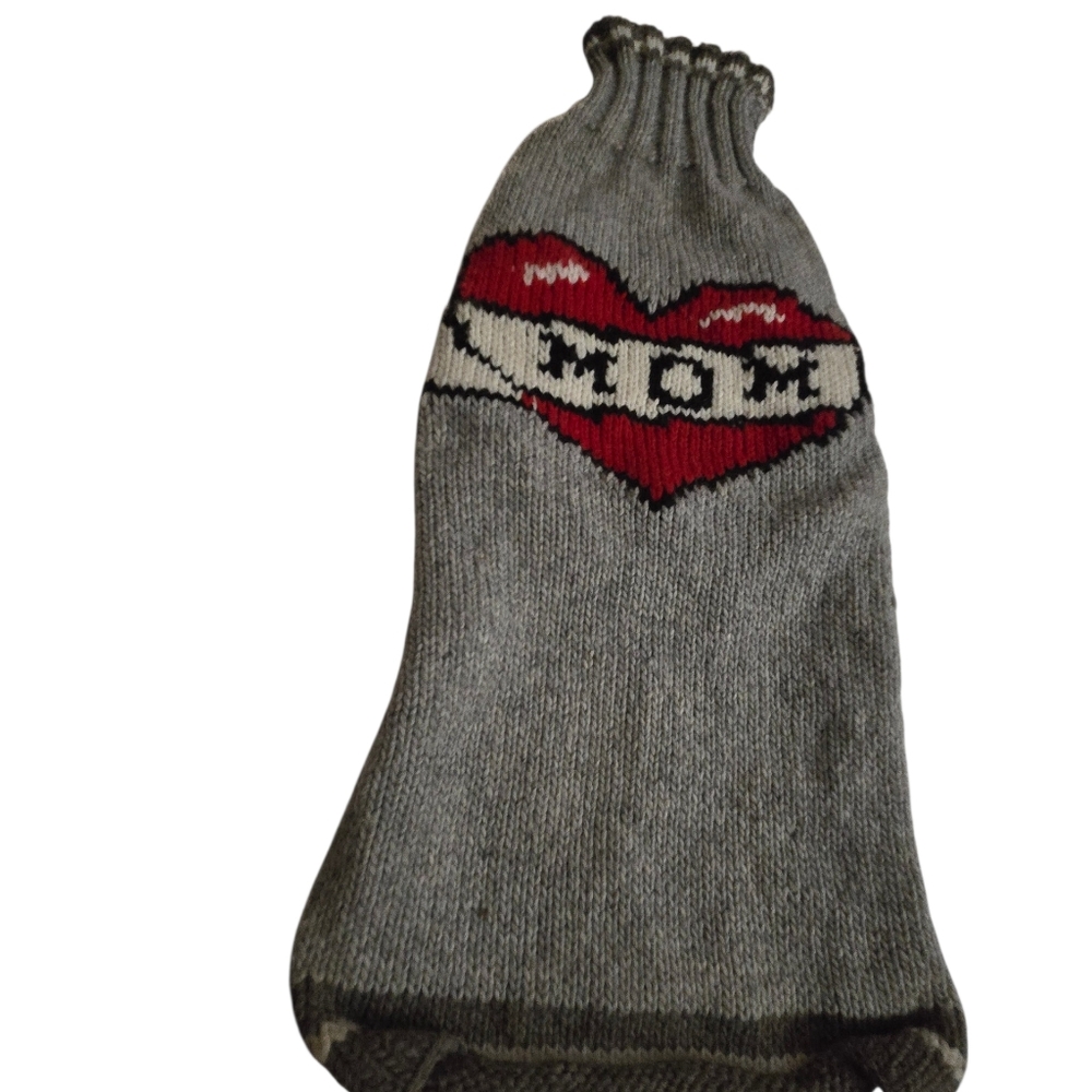 Chilly Dog Wool Knit Sweater - Heather Gray With Red Mom Large/XLarge